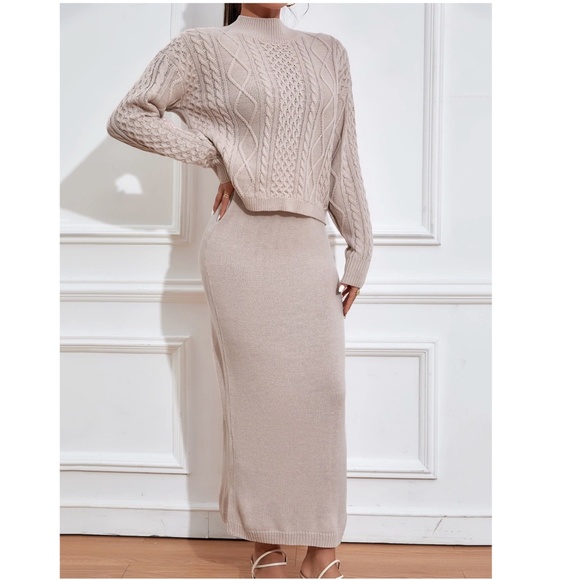 2 Piece Knit Skirt Set Blush Color Long Skirt & Cable Knit Sweater - Picture 7 of 11